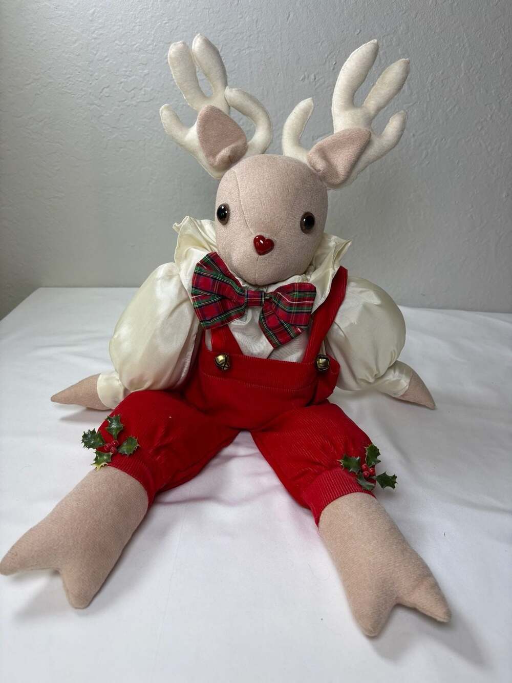 Vintage Handmade Christmas Reindeer Plush Doll with Plaid Bow and Red Corduroy O